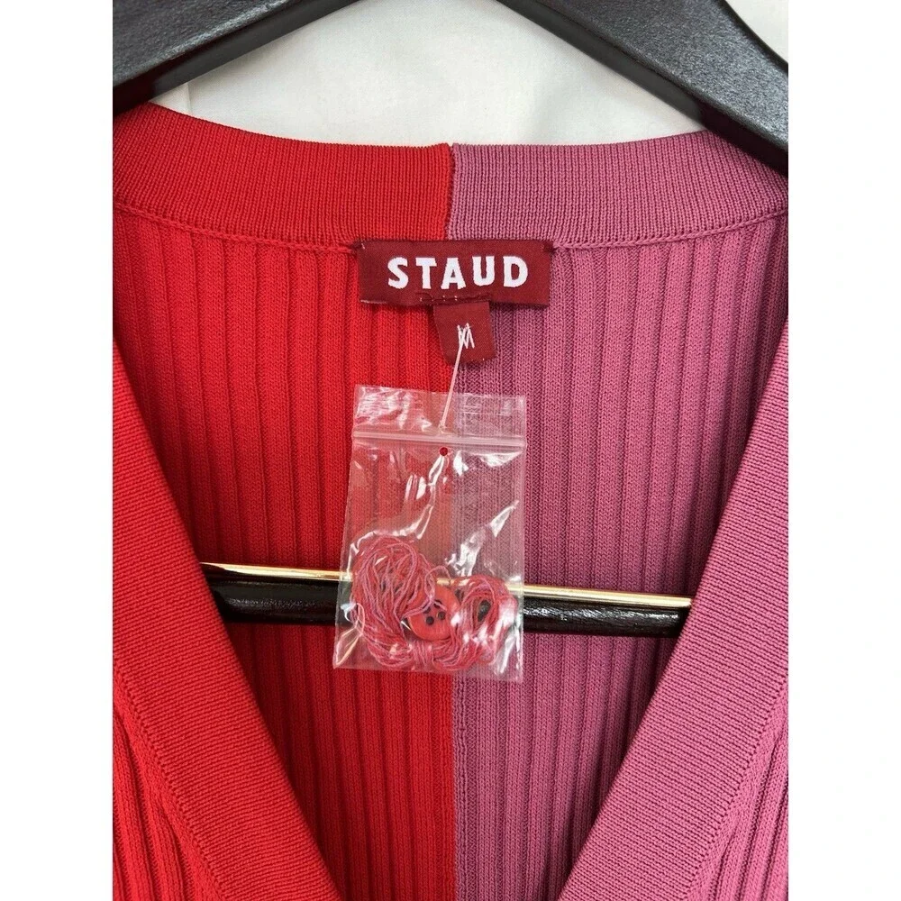 STAUD Shoko Colorblock Lurex Ribbed Long Sleeve Sweater Dress Medium Lava Peony - Picture 9 of 10